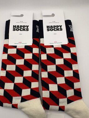 Happy Socks Filled Optic 3D Cube Geometric Crew Socks Red Navy White M8-12 NWT
